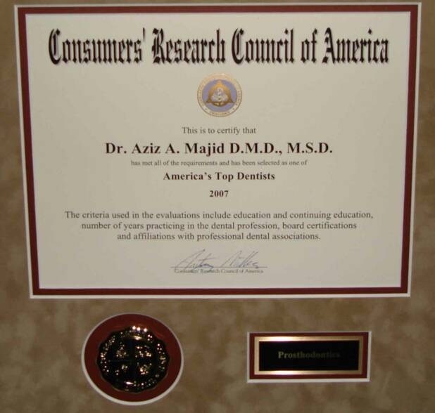 award certificate for America's Top Dentists 2007 for Dr. Aziz A. Majid, DMD, MSD - Dentist Harrisburg PA